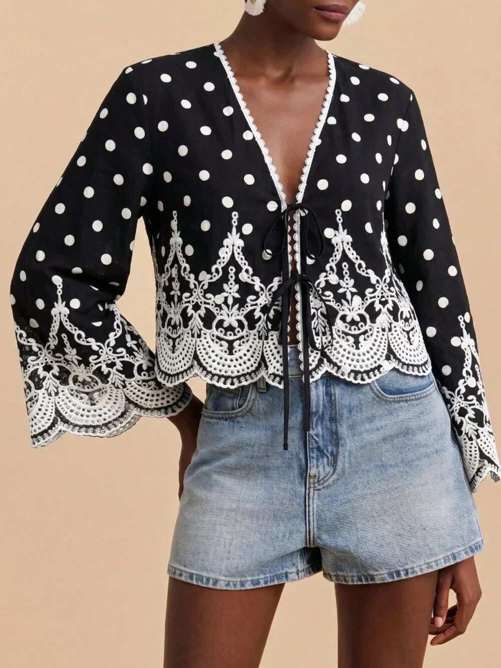 Black Boho Women's Polka Dot Print Embroidered Detail Long Sleeve Shirt